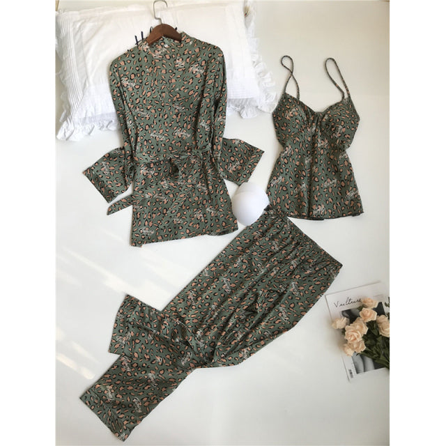 3 Piece Satin Flower Print Nightwear Pajama and Robe set-Original Pajamas