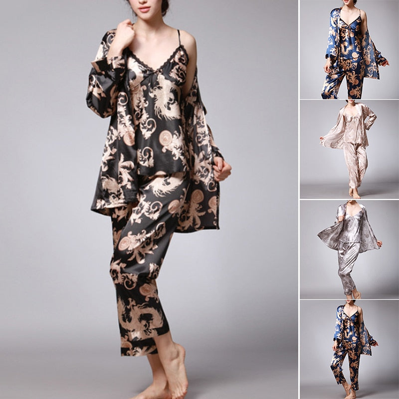 3 Piece Pajamas Silk Satin Sleepwear Printed Robe-Original Pajamas