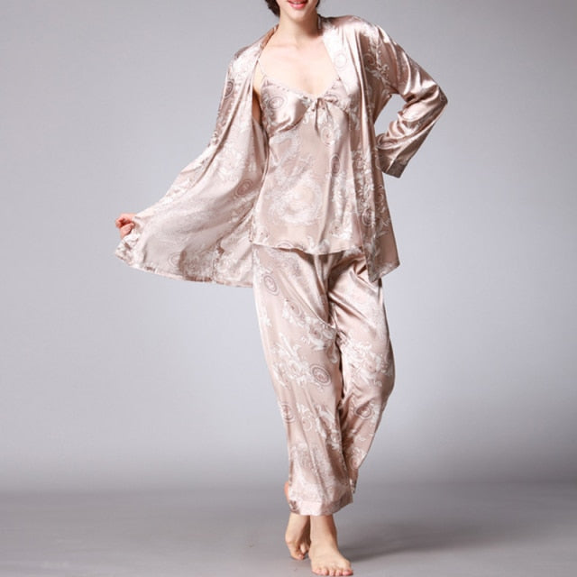 3 Piece Pajamas Silk Satin Sleepwear Printed Robe-Original Pajamas