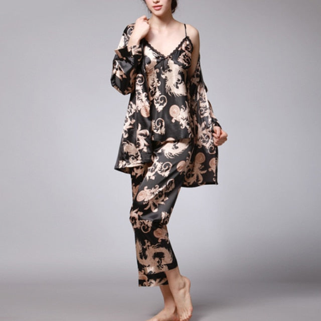 3 Piece Pajamas Silk Satin Sleepwear Printed Robe-Original Pajamas