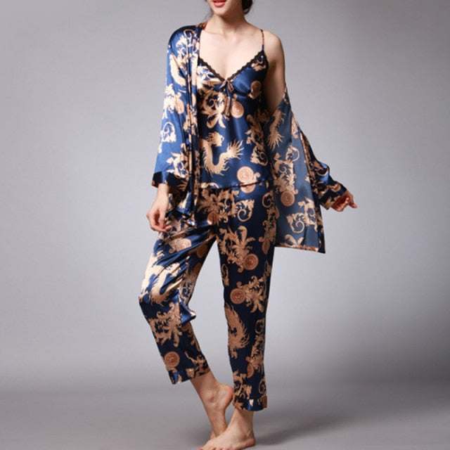 3 Piece Pajamas Silk Satin Sleepwear Printed Robe-Original Pajamas
