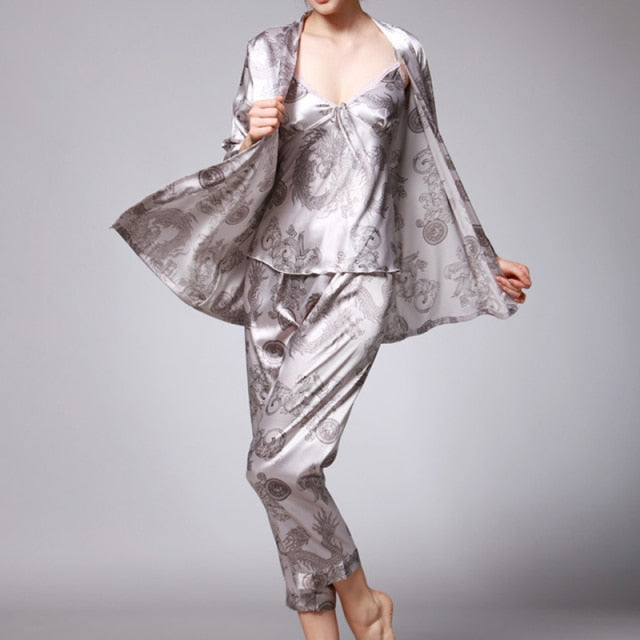 3 Piece Pajamas Silk Satin Sleepwear Printed Robe-Original Pajamas