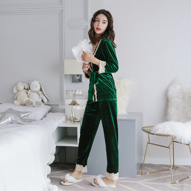 3 Pieces Ladies Velvet Nightwear Pajamas Autumn and Winter-Original Pajamas
