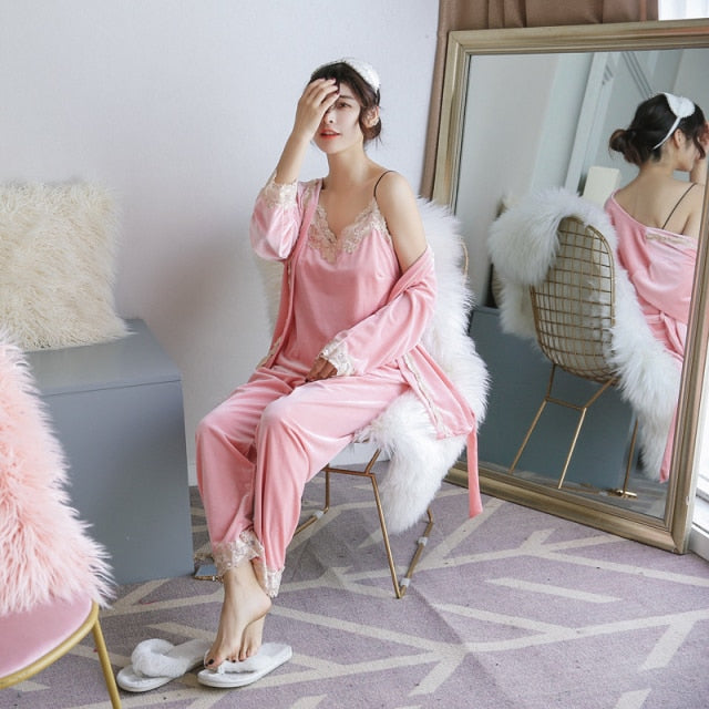 3 Pieces Ladies Velvet Nightwear Pajamas Autumn and Winter-Original Pajamas