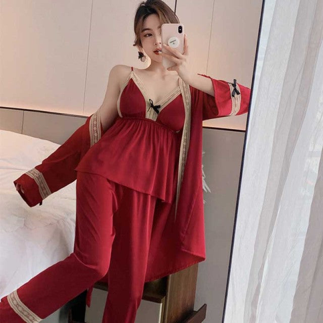 3 Piece Pajama Set Womens Cardigan Sling Pants Spring-Original Pajamas