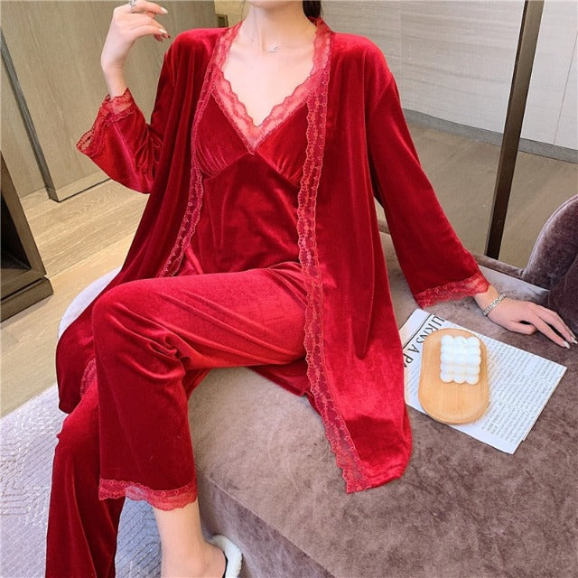 The Solid Laced Long 3 Piece Pajamas Set-Original Pajamas