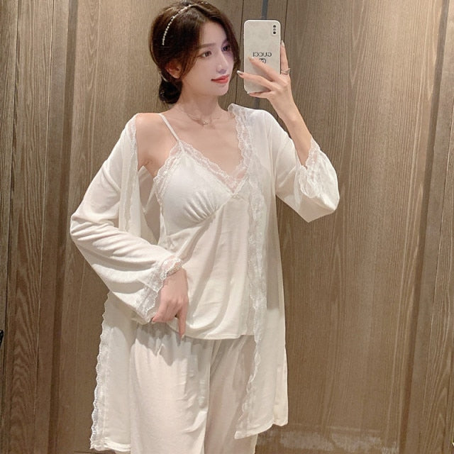 The Solid Laced Long 3 Piece Pajamas Set-Original Pajamas