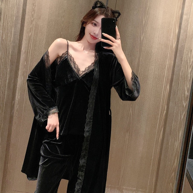 The Solid Laced Long 3 Piece Pajamas Set-Original Pajamas