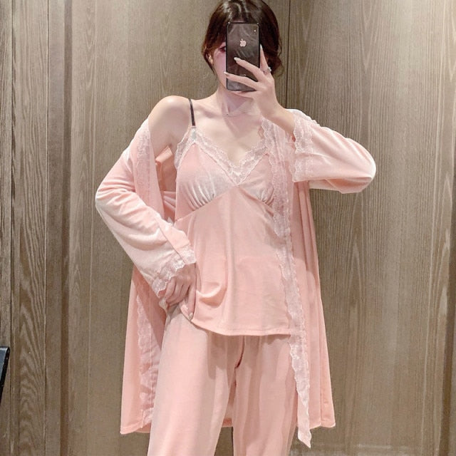 The Solid Laced Long 3 Piece Pajamas Set-Original Pajamas