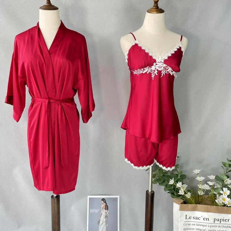 3 Piece Patchwork Satin Summer Casual Nightwear Clothing-Original Pajamas