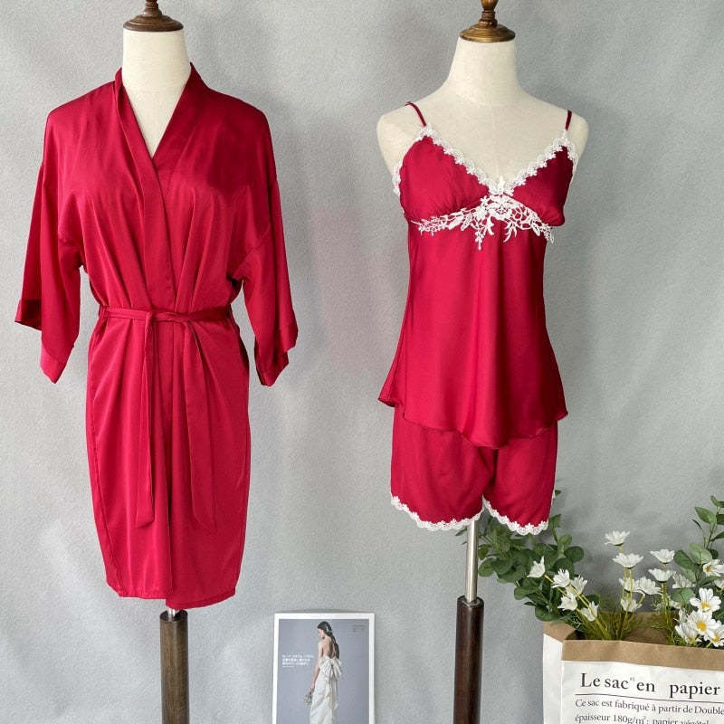 3 Piece Patchwork Satin Summer Casual Nightwear Clothing-Original Pajamas
