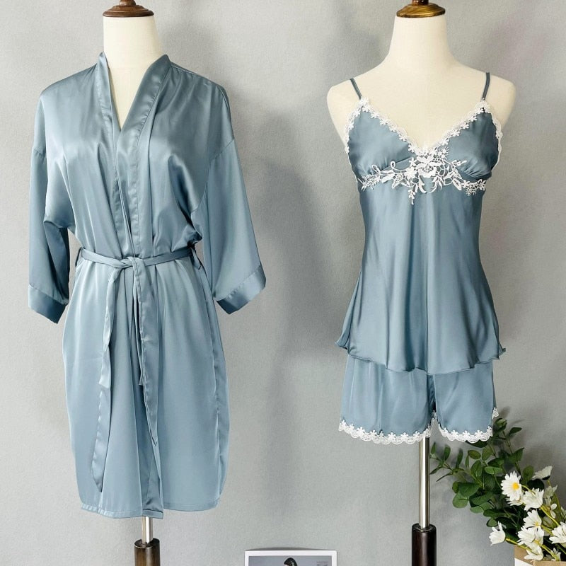 3 Piece Patchwork Satin Summer Casual Nightwear Clothing-Original Pajamas