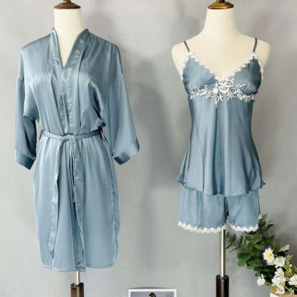 3 Piece Patchwork Satin Summer Casual Nightwear Clothing-Original Pajamas