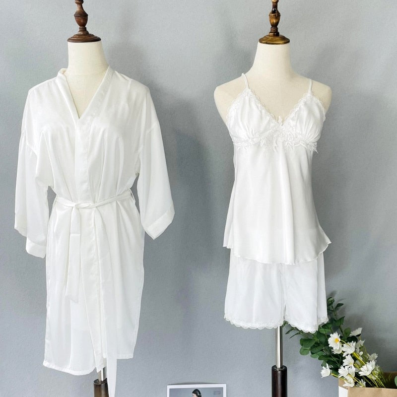 3 Piece Patchwork Satin Summer Casual Nightwear Clothing-Original Pajamas