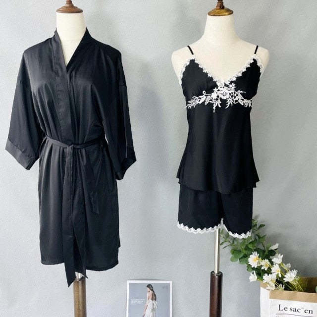 3 Piece Patchwork Satin Summer Casual Nightwear Clothing-Original Pajamas