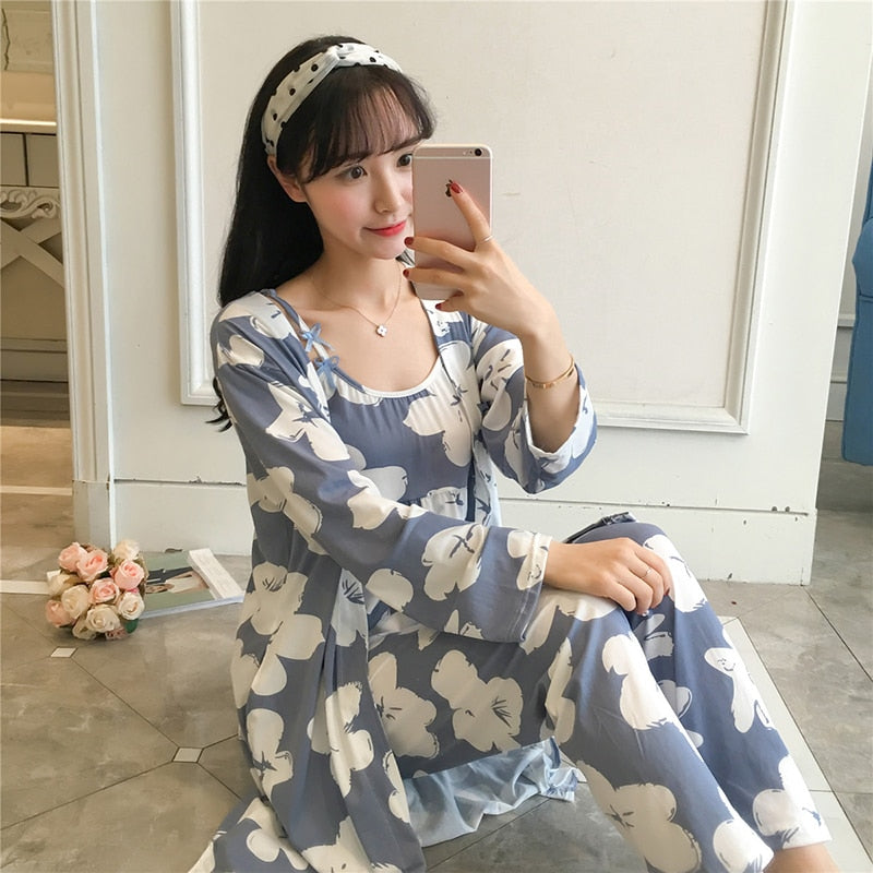 The Long Floral Cute 3 Piece Pajama Set-Original Pajamas