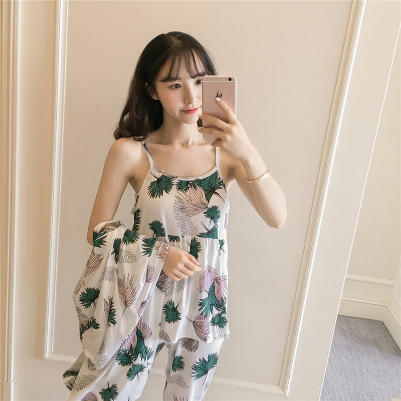 The Long Floral Cute 3 Piece Pajama Set-Original Pajamas