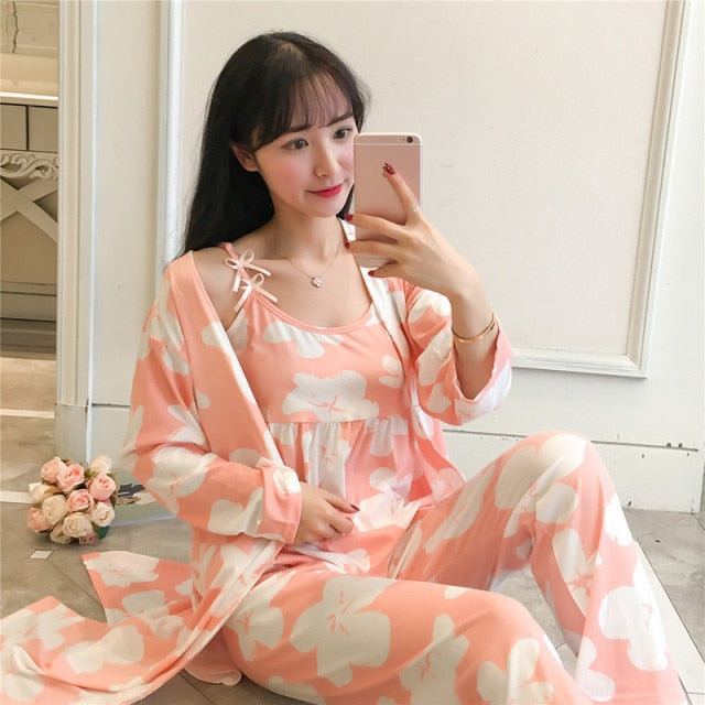 The Long Floral Cute 3 Piece Pajama Set-Original Pajamas