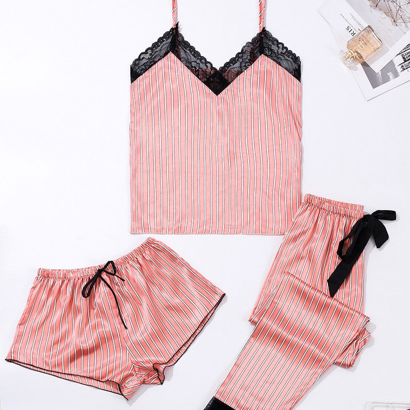 3 Piece Pajamas Stripe Pajamas Sets Women Lace Strap-Original Pajamas