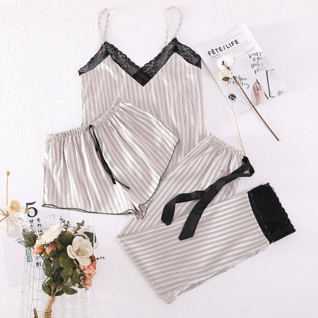 3 Piece Pajamas Stripe Pajamas Sets Women Lace Strap-Original Pajamas