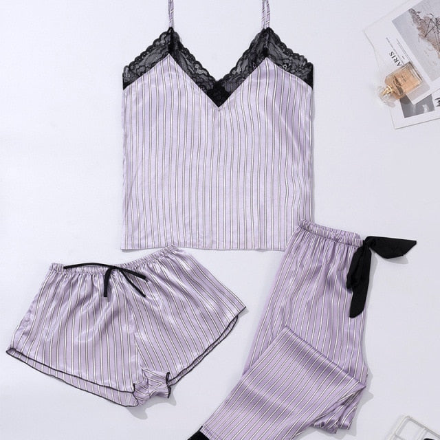 3 Piece Pajamas Stripe Pajamas Sets Women Lace Strap-Original Pajamas