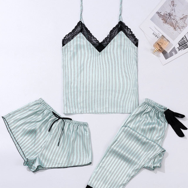 3 Piece Pajamas Stripe Pajamas Sets Women Lace Strap-Original Pajamas