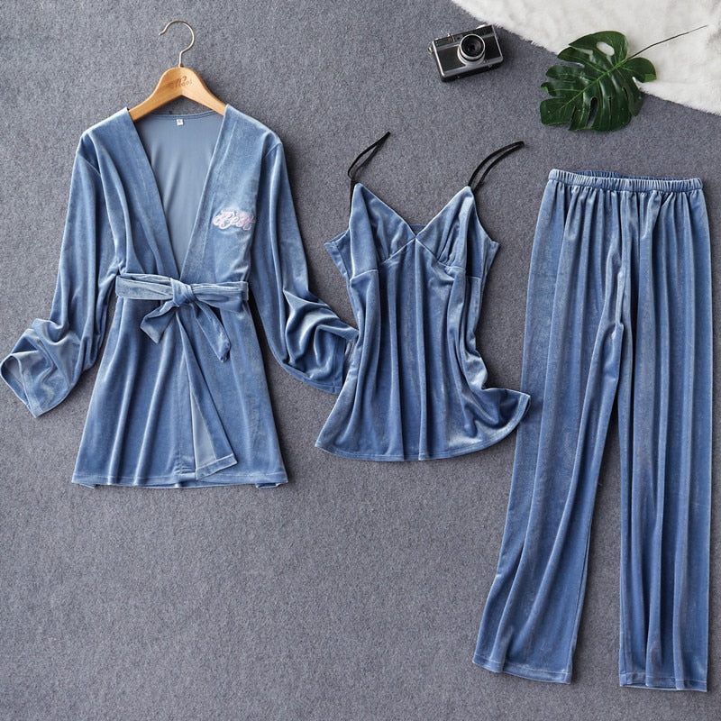 3 Piece Pj Set Kimono Pajamas Set Velour Bathrobe-Original Pajamas