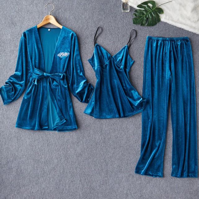 3 Piece Pj Set Kimono Pajamas Set Velour Bathrobe-Original Pajamas