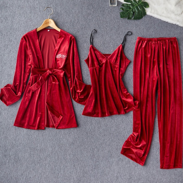 3 Piece Pj Set Kimono Pajamas Set Velour Bathrobe-Original Pajamas