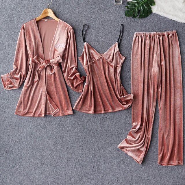 3 Piece Pj Set Kimono Pajamas Set Velour Bathrobe-Original Pajamas