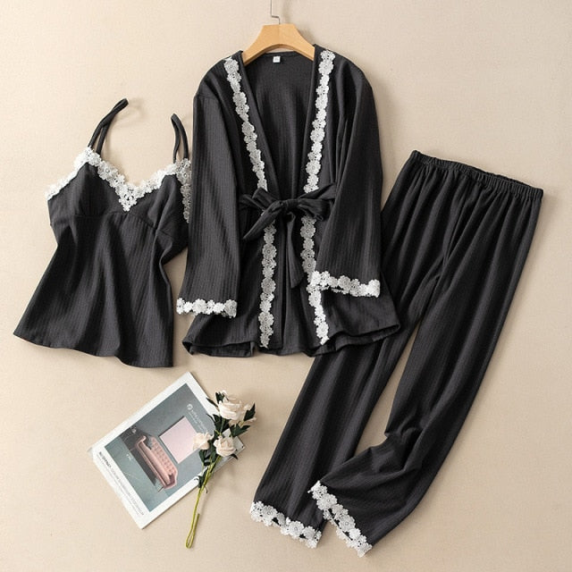 3 Piece Pajamas Cotton Autumn Polyester Lace Pajamas-Original Pajamas
