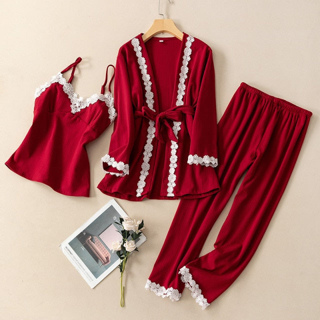 3 Piece Pajamas Cotton Autumn Polyester Lace Pajamas-Original Pajamas