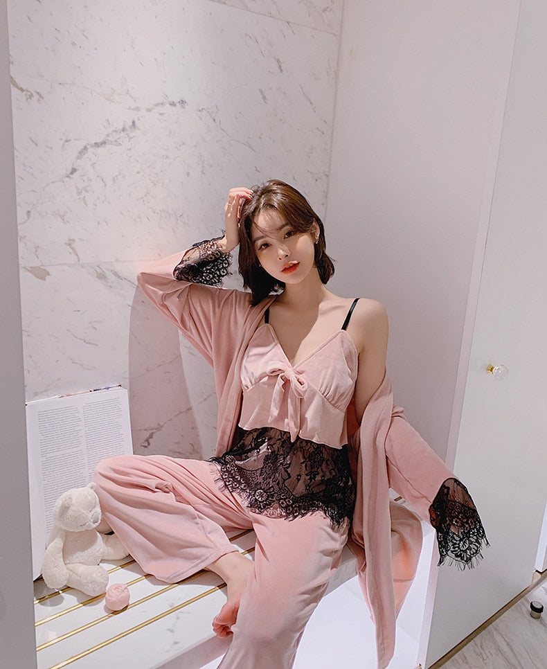 3 Pieces Pink Lace Floral Lady Robe Pajamas Sets Nightwear Home Wear-Original Pajamas