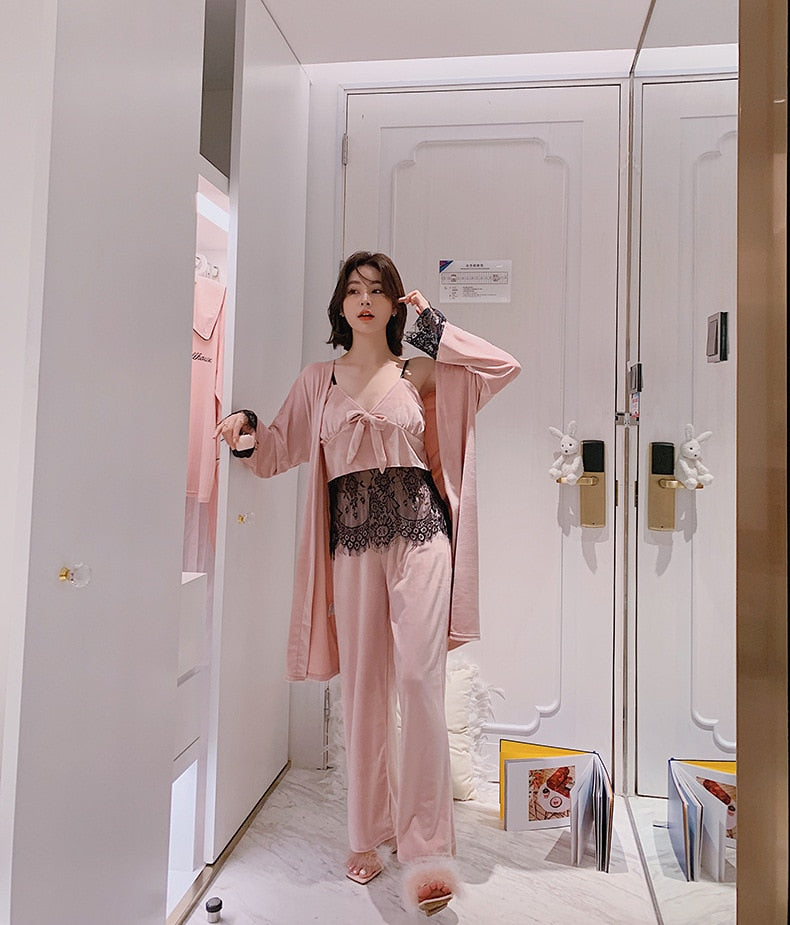 3 Pieces Pink Lace Floral Lady Robe Pajamas Sets Nightwear Home Wear-Original Pajamas