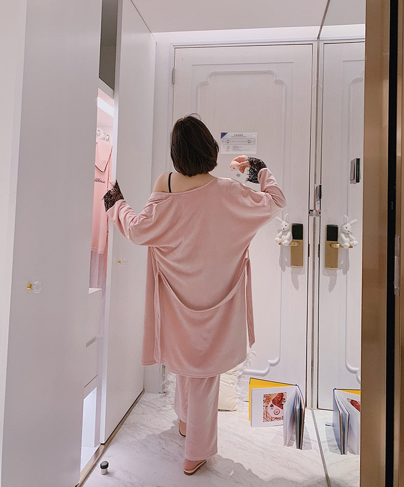 3 Pieces Pink Lace Floral Lady Robe Pajamas Sets Nightwear Home Wear-Original Pajamas