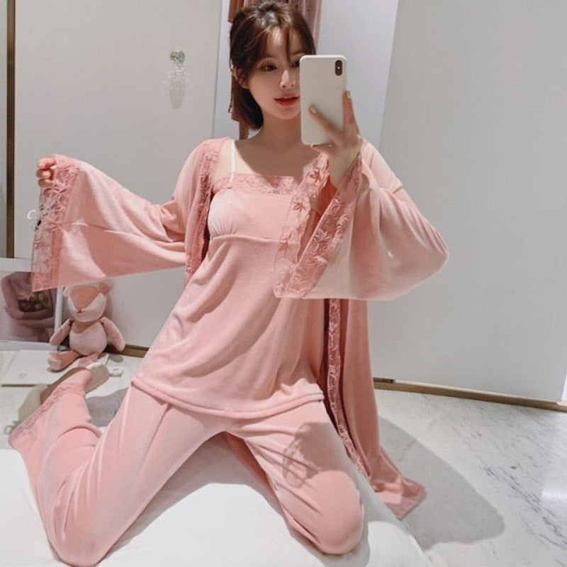 Island Fleece Women 3 Piece Kimono Robe Pajamas Sets-Original Pajamas