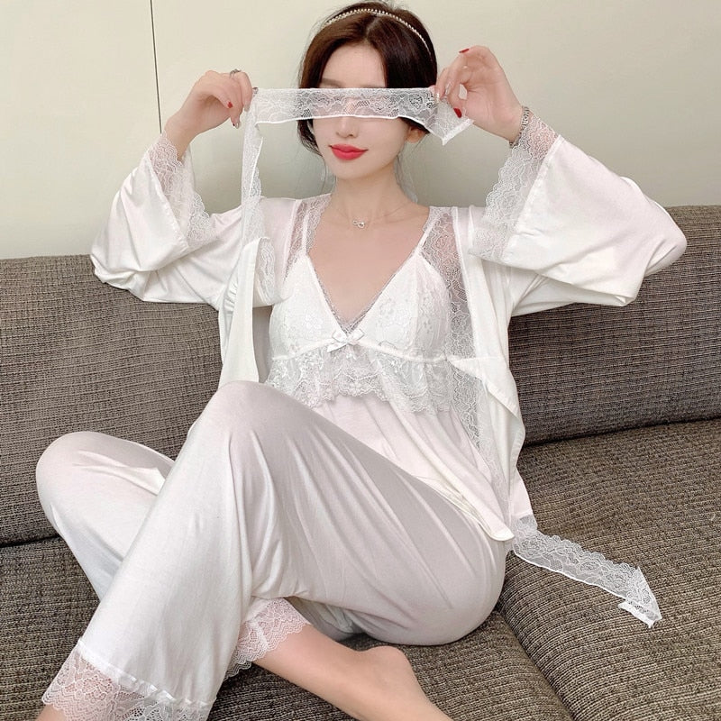 The Solid Long Laced Original Pajamas 3 Piece Pajama Set With Robe-Original Pajamas