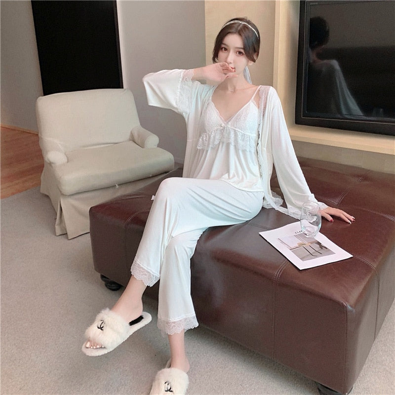 The Solid Long Laced Original Pajamas 3 Piece Pajama Set With Robe-Original Pajamas