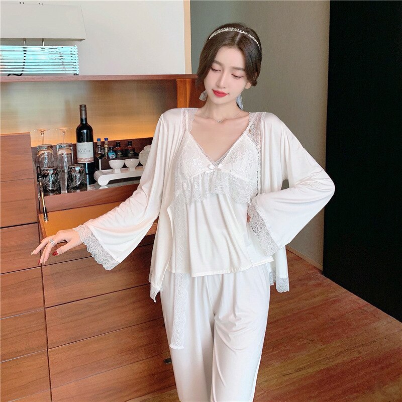 The Solid Long Laced Original Pajamas 3 Piece Pajama Set With Robe-Original Pajamas