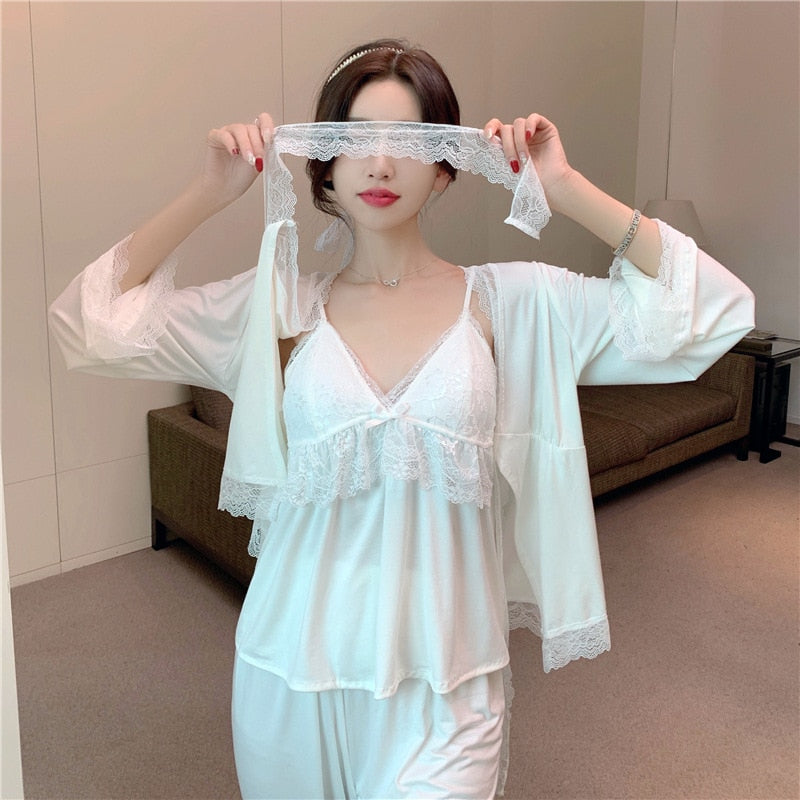 The Solid Long Laced Original Pajamas 3 Piece Pajama Set With Robe-Original Pajamas