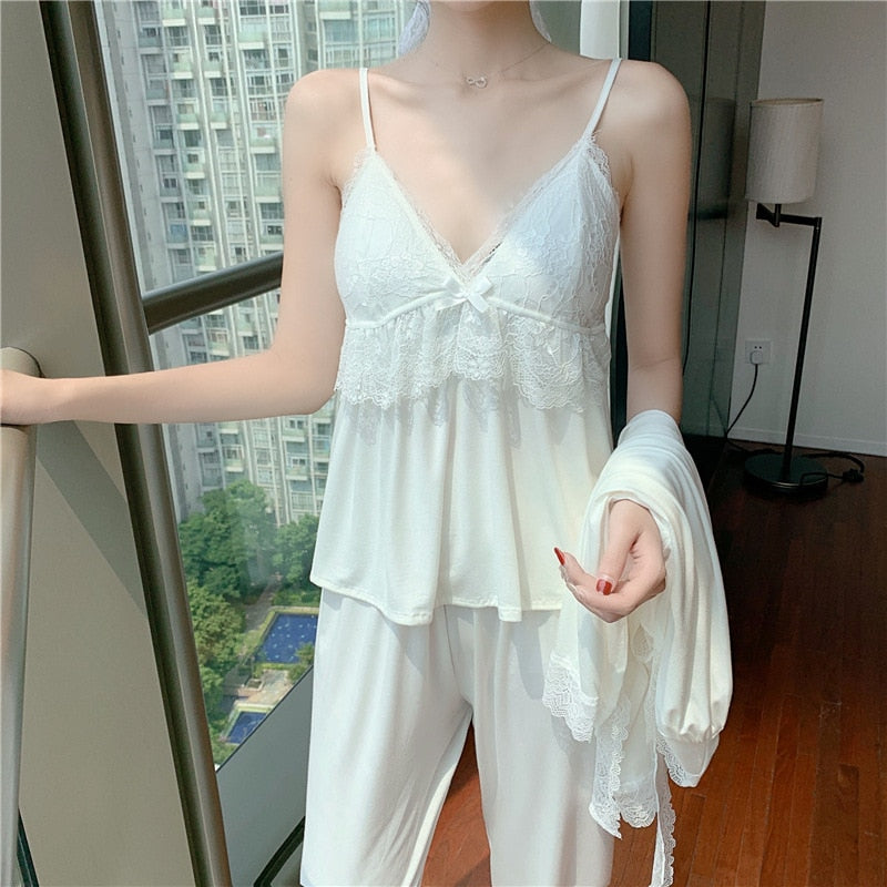 The Solid Long Laced Original Pajamas 3 Piece Pajama Set With Robe-Original Pajamas