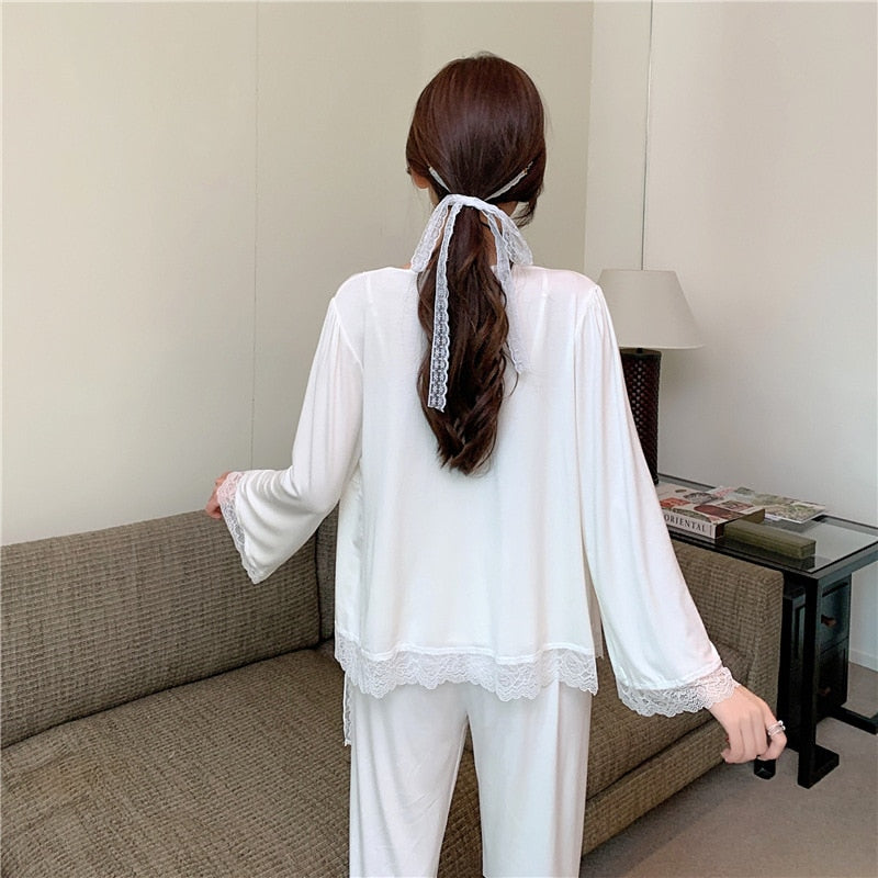 The Solid Long Laced Original Pajamas 3 Piece Pajama Set With Robe-Original Pajamas