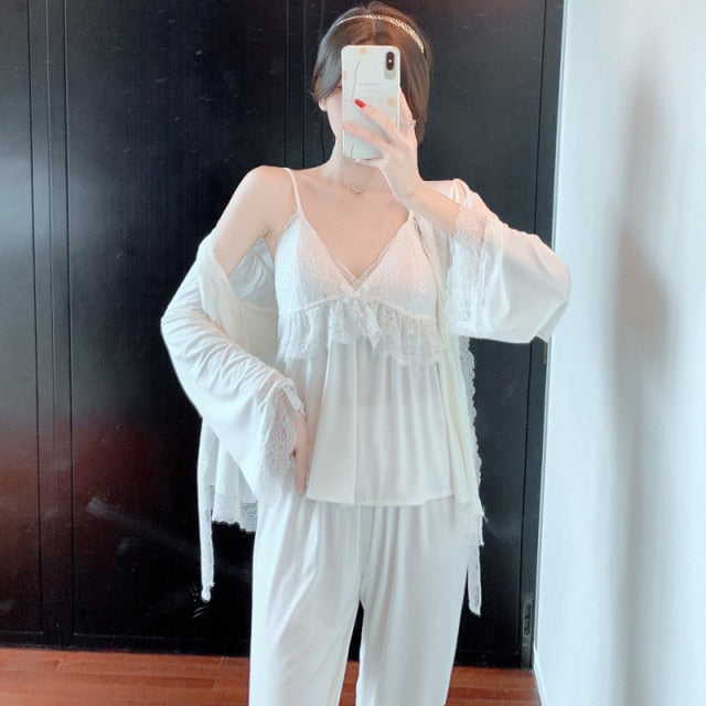 The Solid Long Laced Original Pajamas 3 Piece Pajama Set With Robe-Original Pajamas