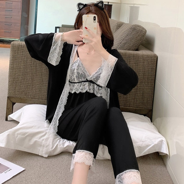 The Solid Long Laced Original Pajamas 3 Piece Pajama Set With Robe-Original Pajamas