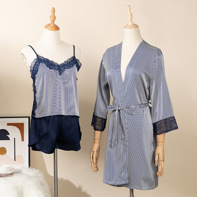 Striped Lace 3 Piece Pajamas Set Spring Summer Loungewear-Original Pajamas