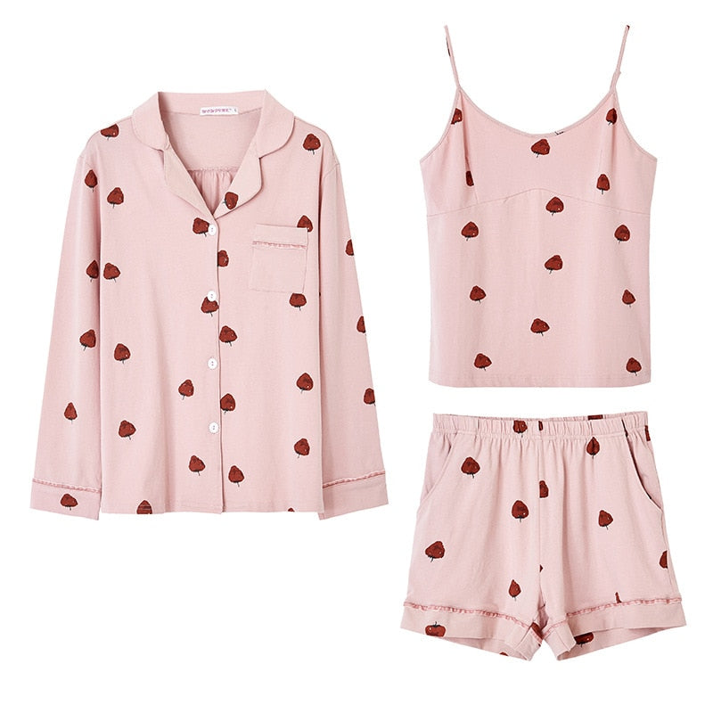Strawberry Print 3 Piece Sleepwear Cotton Pajamas Set Women-Original Pajamas