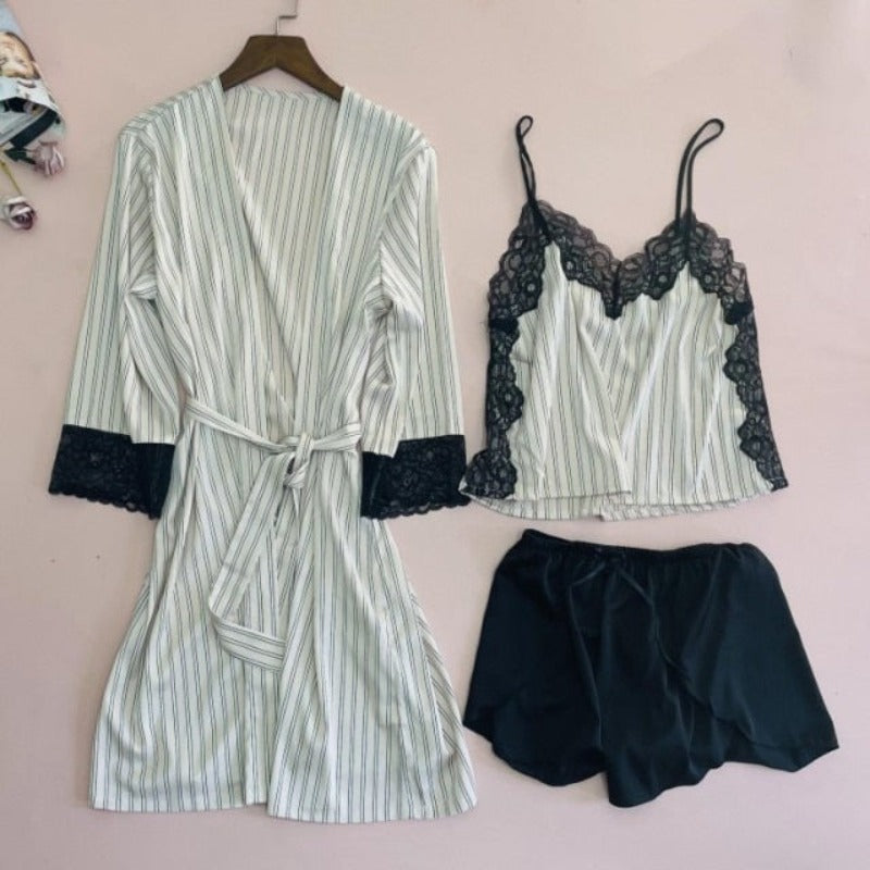 3 Piece Pajamas Suit Print Striped Nightwear Blue Black-Original Pajamas