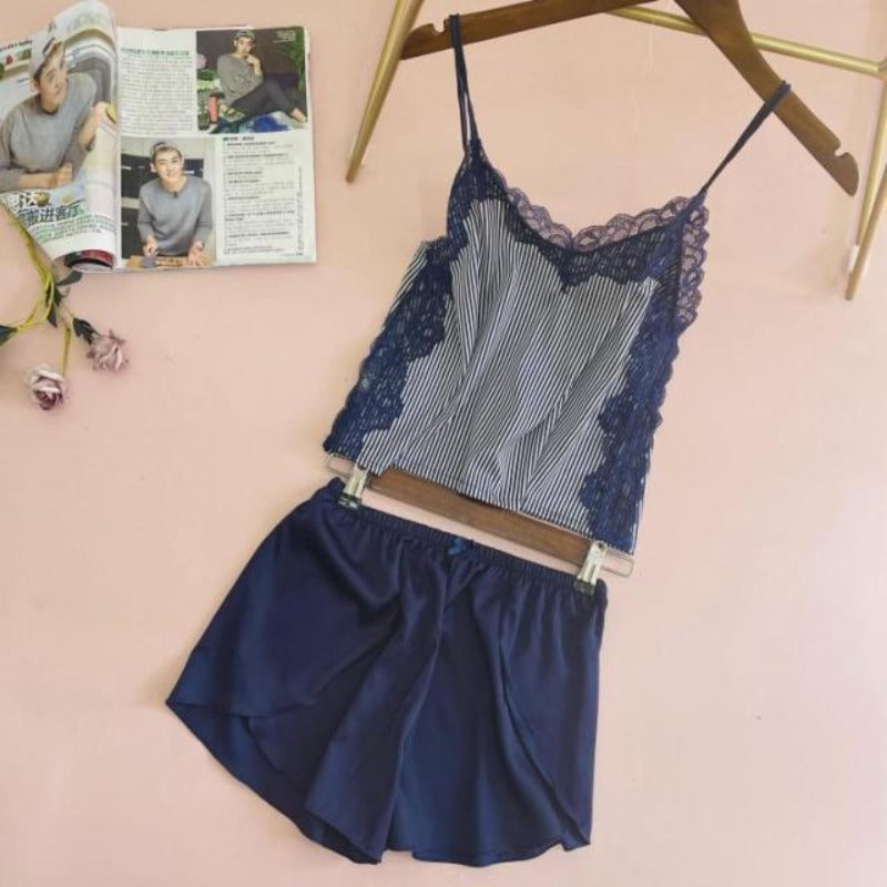 3 Piece Pajamas Suit Print Striped Nightwear Blue Black-Original Pajamas