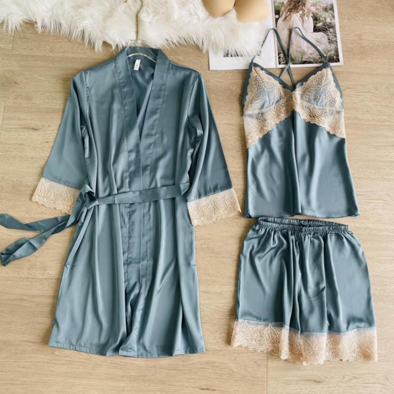 ZigZag Style Satin Summer Women Sleepwear 3 Piece Set-Original Pajamas