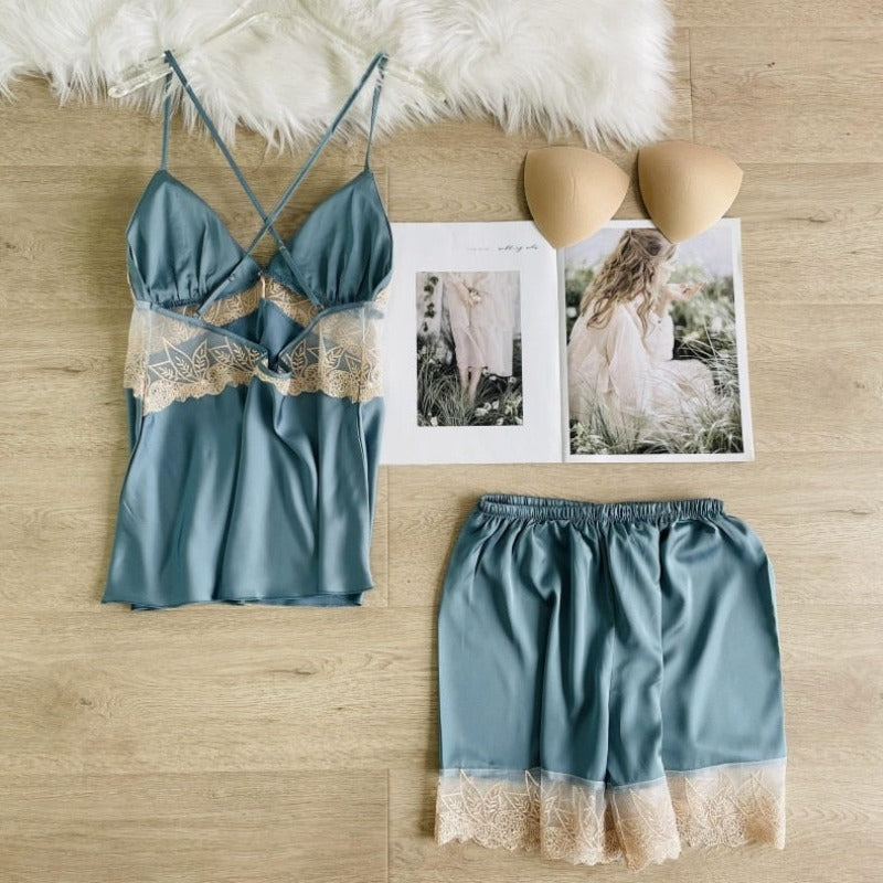 ZigZag Style Satin Summer Women Sleepwear 3 Piece Set-Original Pajamas